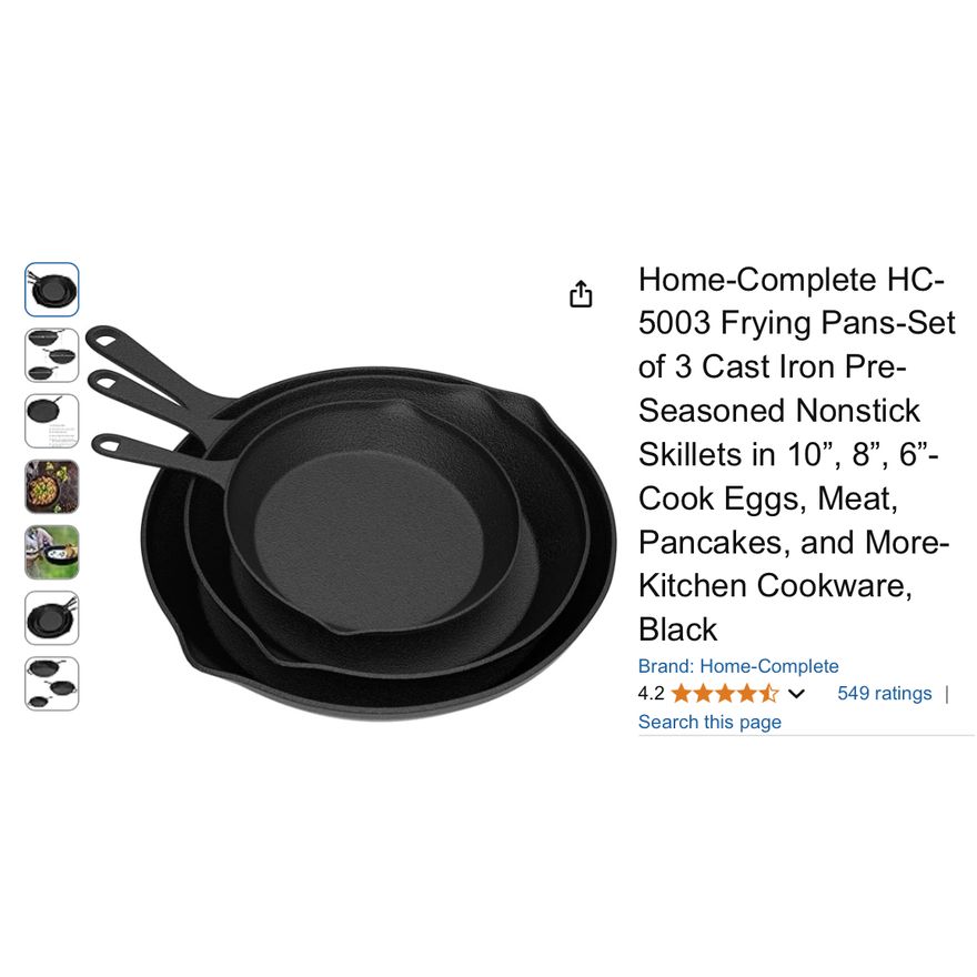 Home Complete 3pc Frying Pan Cast Iron Skillet Set- 10'', 8'', 6'' Skillets- In Box