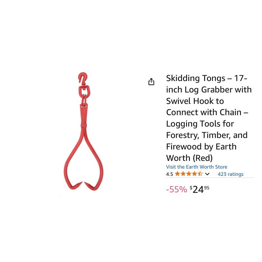 Earth Worth Skidding Tongs- 17'' Log Grabber w/ Swivel Hook- 17'' L x 17'' W In Box