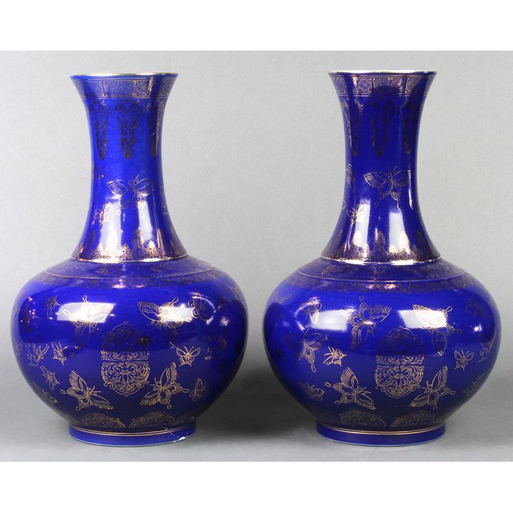 Chinese Gilt Cobalt Vases, Butterflies