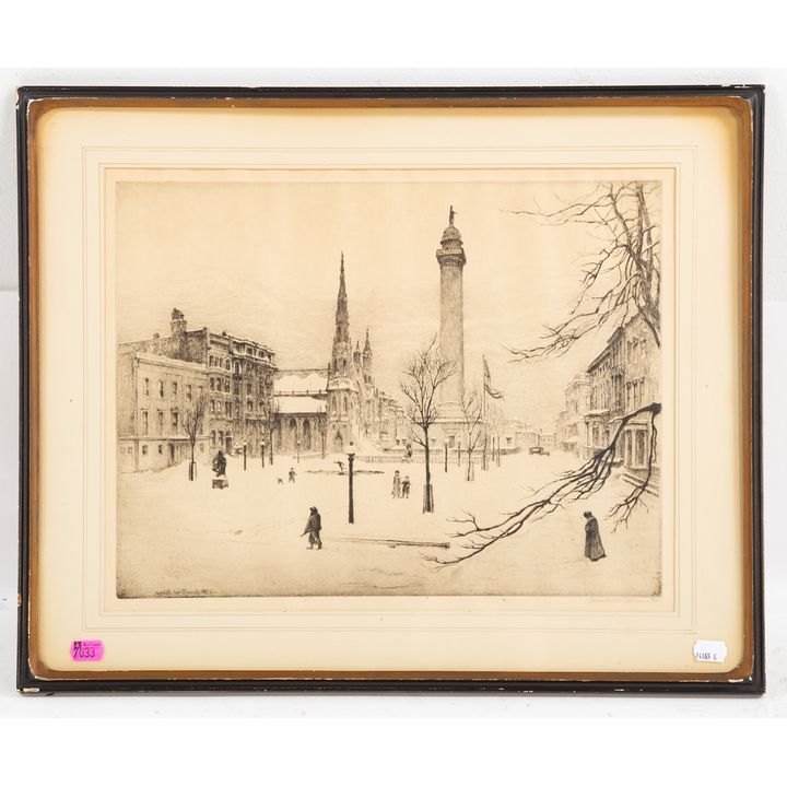 Gabrielle De V. Clements. "Winter, Mt. Vernon Place," etching