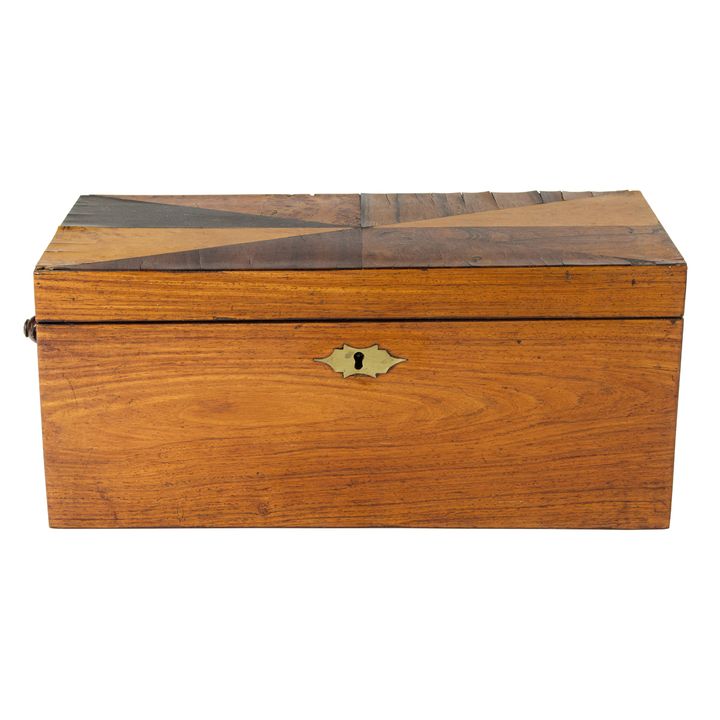 An English marquetry inlaid tea caddy