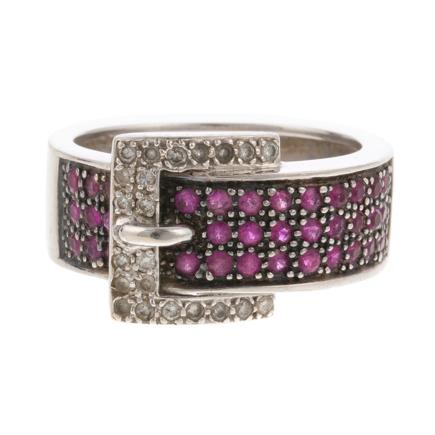A 14K White Gold Ruby & Diamond Buckle Ring