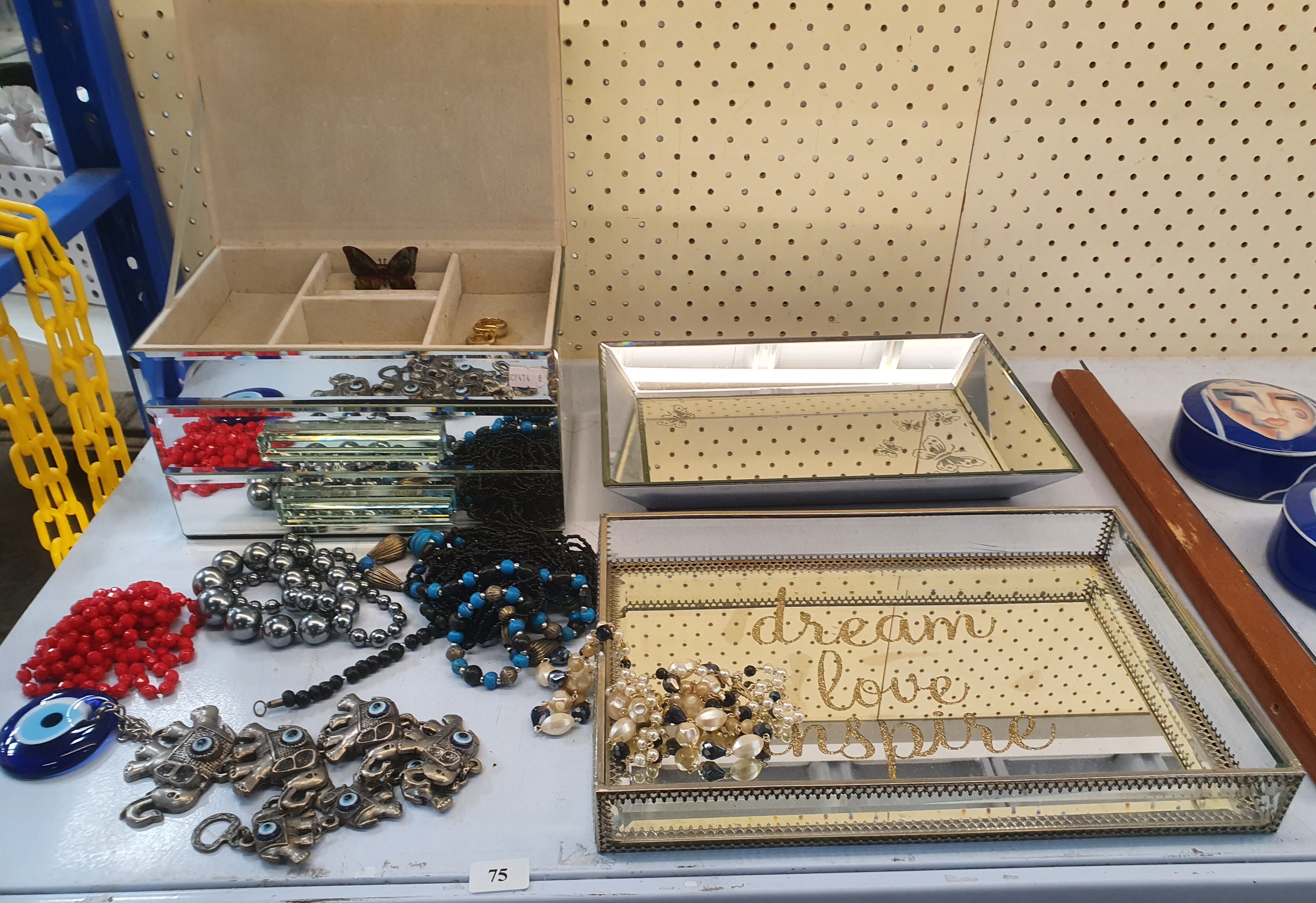 A Group Of Mirrored Dressing Table Items And Various Jewellery Items