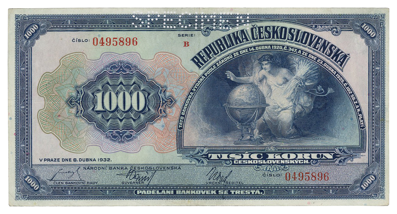 チェコスロバキア 1000コルン紙幣 1932 P-25s | Nihon Coin Auction