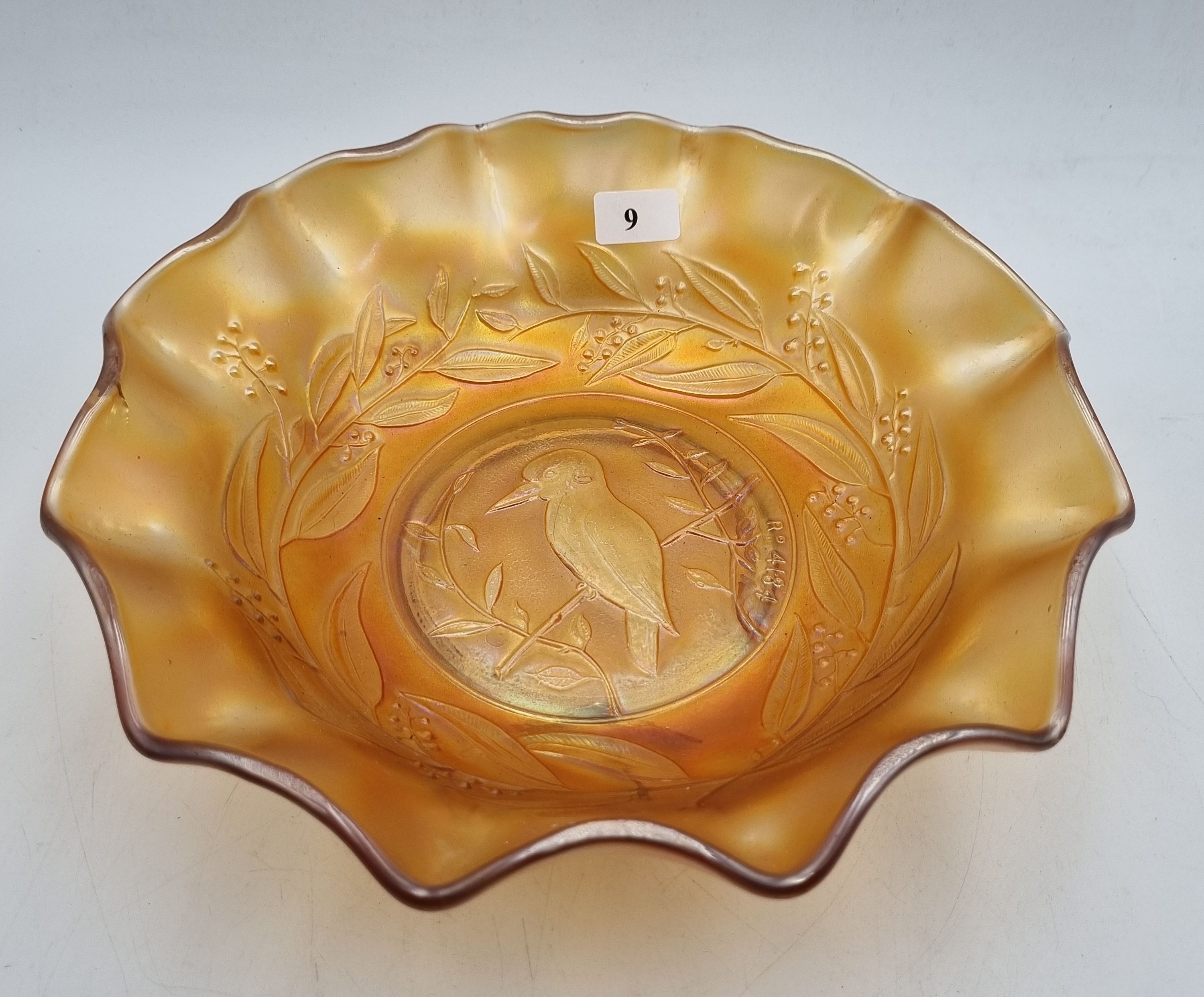 9 · A VINTAGE KOOKABURRA CARNIVAL GLASS MASTER BOWL