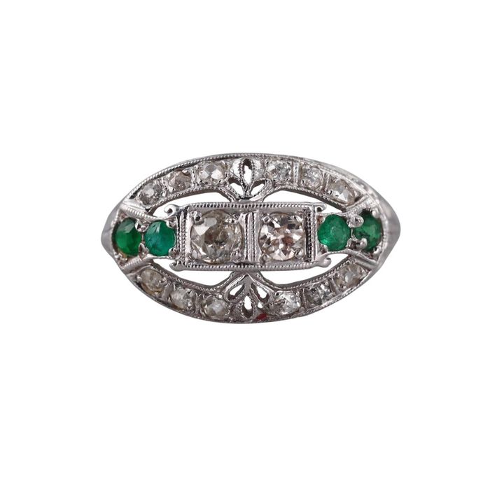 14k Gold Filigree Diamond Emerald Ring