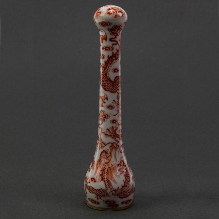Chinese iron-red decorated 'dragon' brush handle