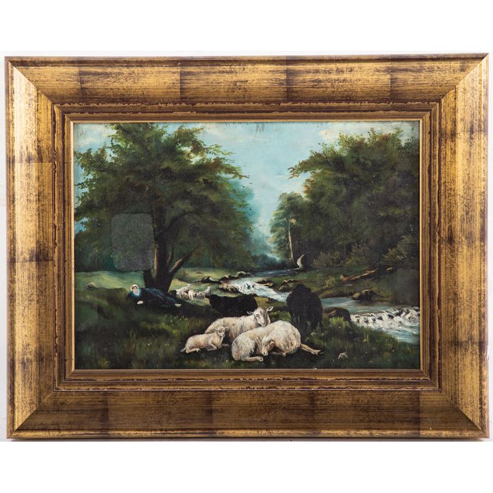 Artist Unknown. Sheep by a Stream, oil on canvas