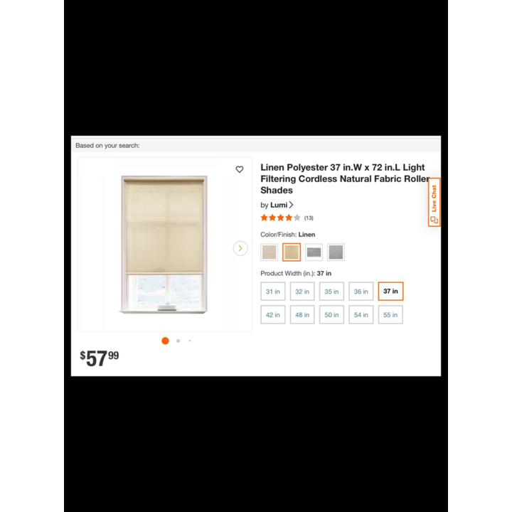 StyleWell 37'' W x 72'' L Linen Fabric Cordless Roller Shade