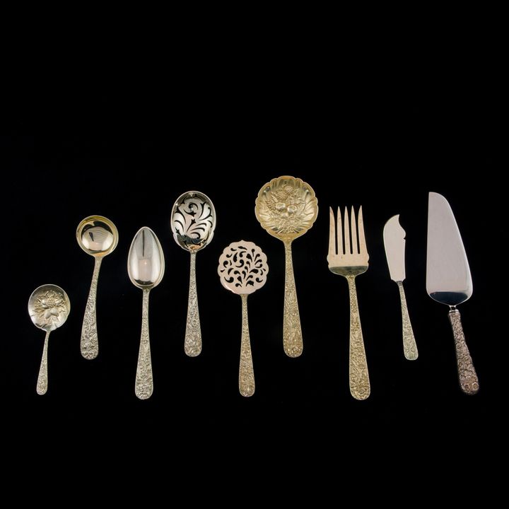 (60 pc) Kirk and Son floral repouse sterling flatware service
