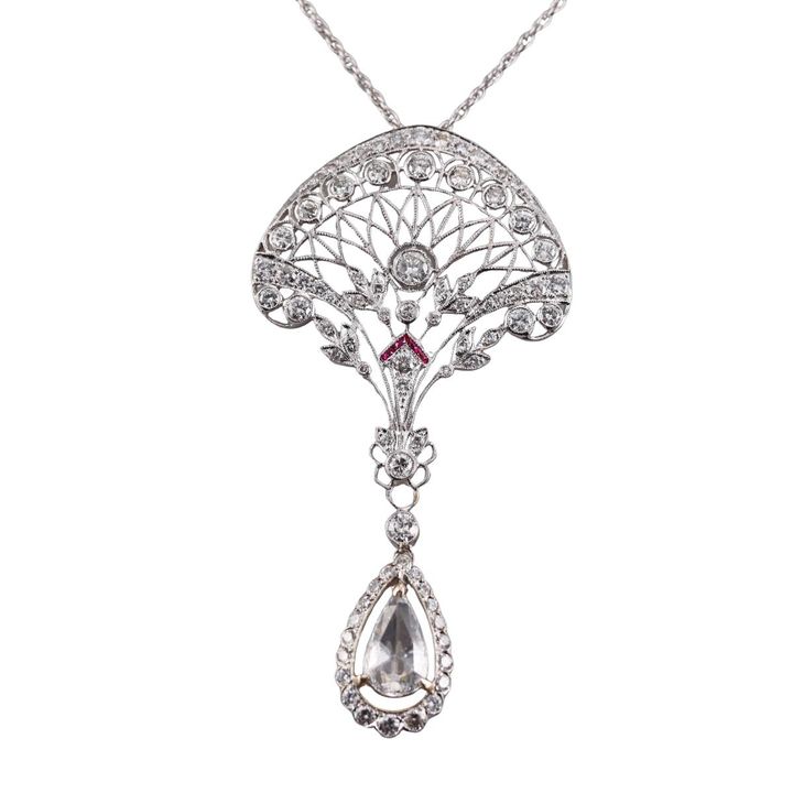 14k Gold 4ct Pear Diamond Ruby Pendant Necklace
