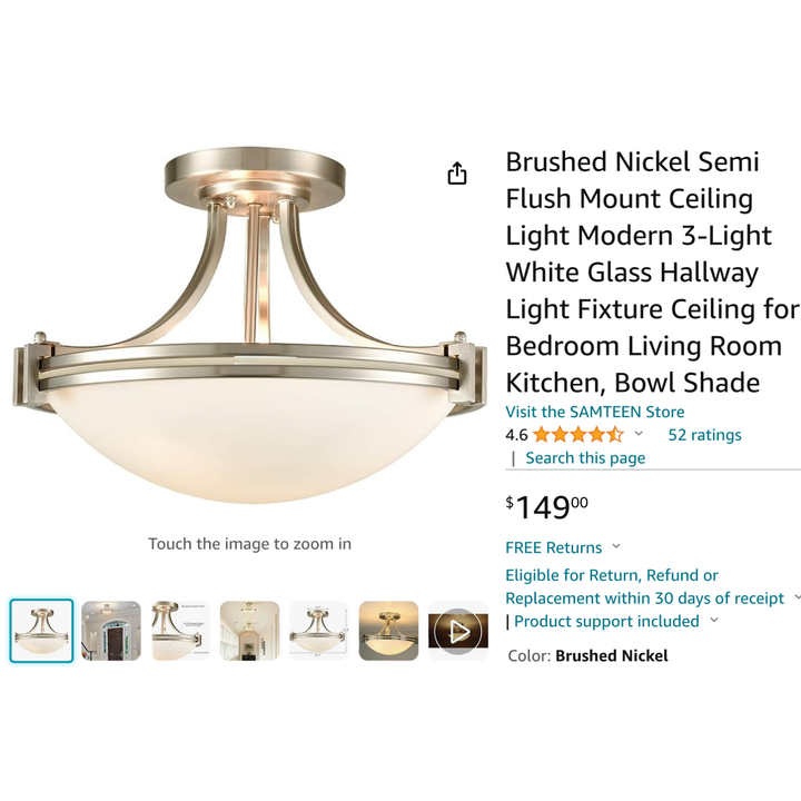 Samteen Brushed Nickel Semi Flush Mount Ceiling Light Modern 3-Light White Glass Light Fixture