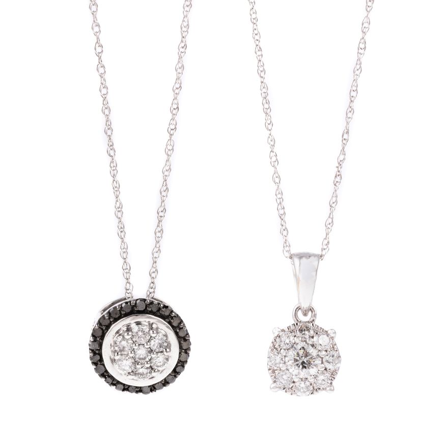 A Pair of Diamond Cluster Necklaces in Gold