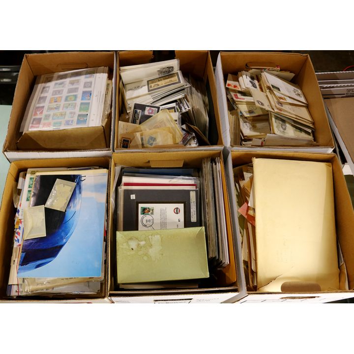 Six boxes of mixed worldwide material, including stamps, covers, post cards, and ephemera