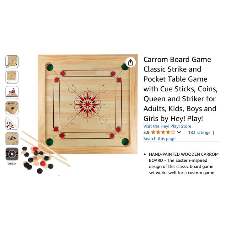 Hey Play! Carrom Board Game Classic Strike & Pocket Table Game w/ Cue Sticks- 26'' W x 26'' L In Box
