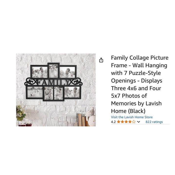 Lavish Home Family Collage Picture Frame- Wall Hanging w/ 7 Puzzle Style Openings- Black, 7'' L x 5'' W