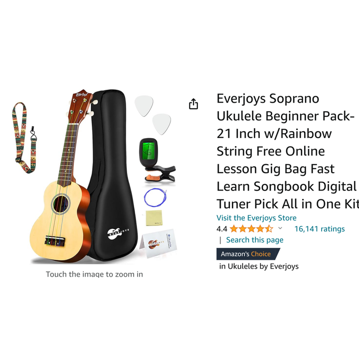 Everjoys 21" Soprano Ukulele Beginner Pack w/ Rainbow Strings