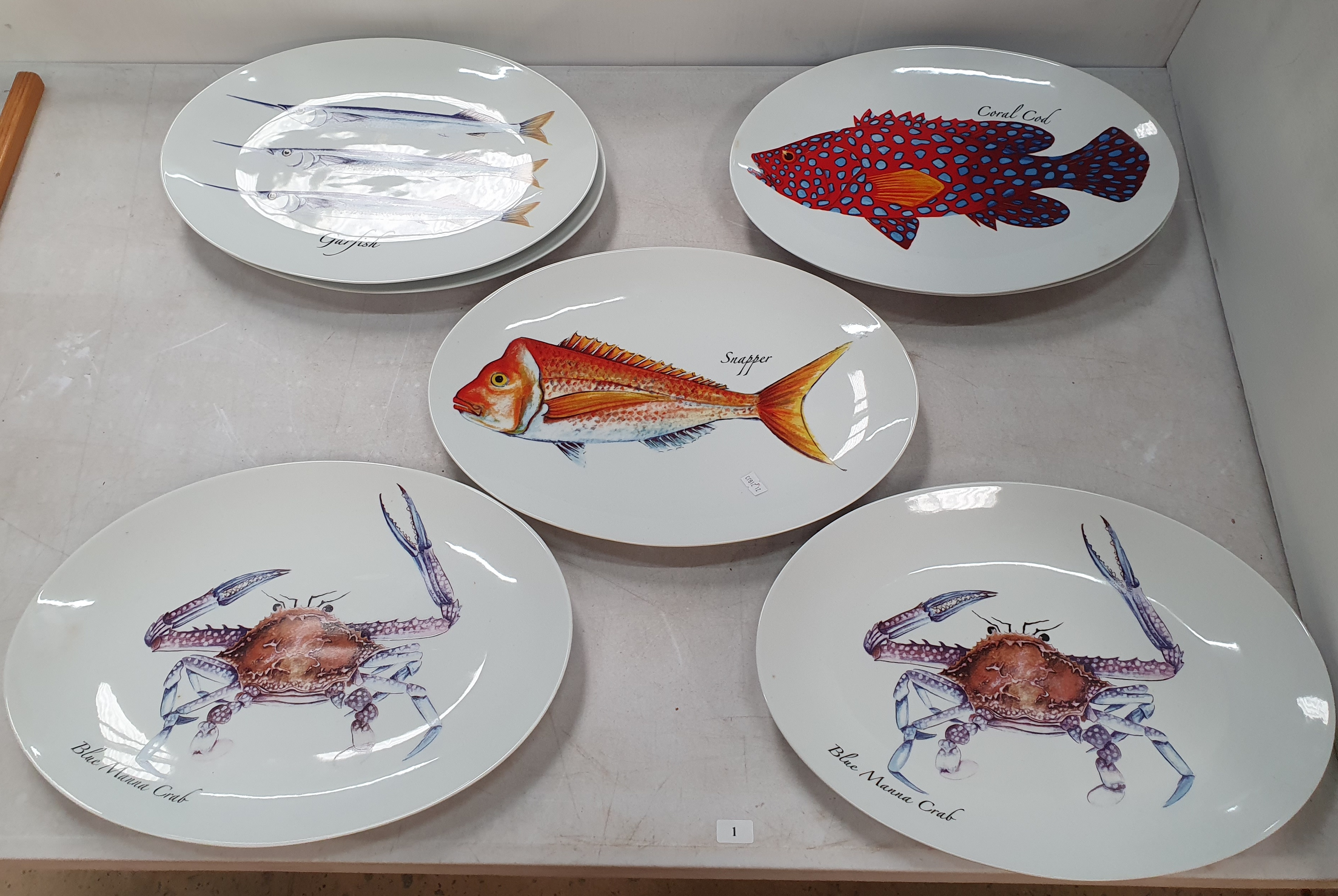 1 · SEVEN PORCELAIN 'LA MER' BY STONEAGE PORCELAIN OVAL PLATTERS