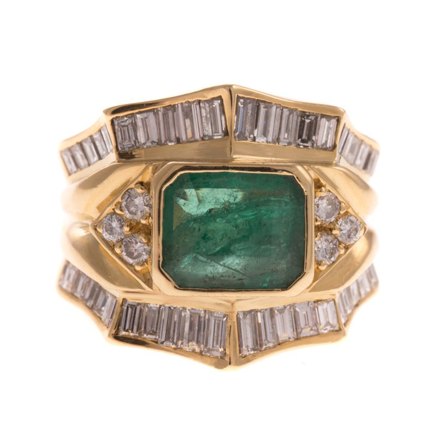 A Lady's 18K Wide Emerald & Diamond Ring