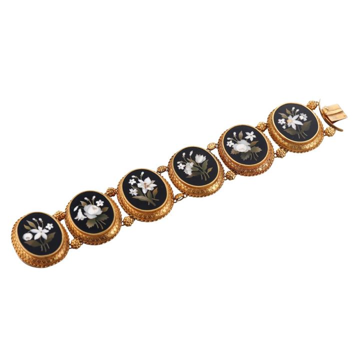 Victorian Pietra Dura Flower 18k Gold Bracelet