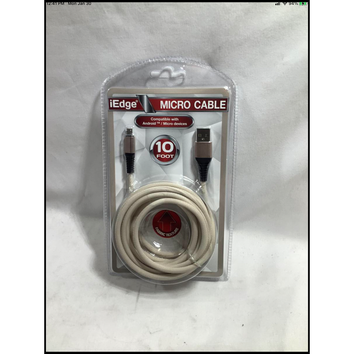 iEdge 10ft Micro Cable Cream Compatible w/Android/Micro Devices