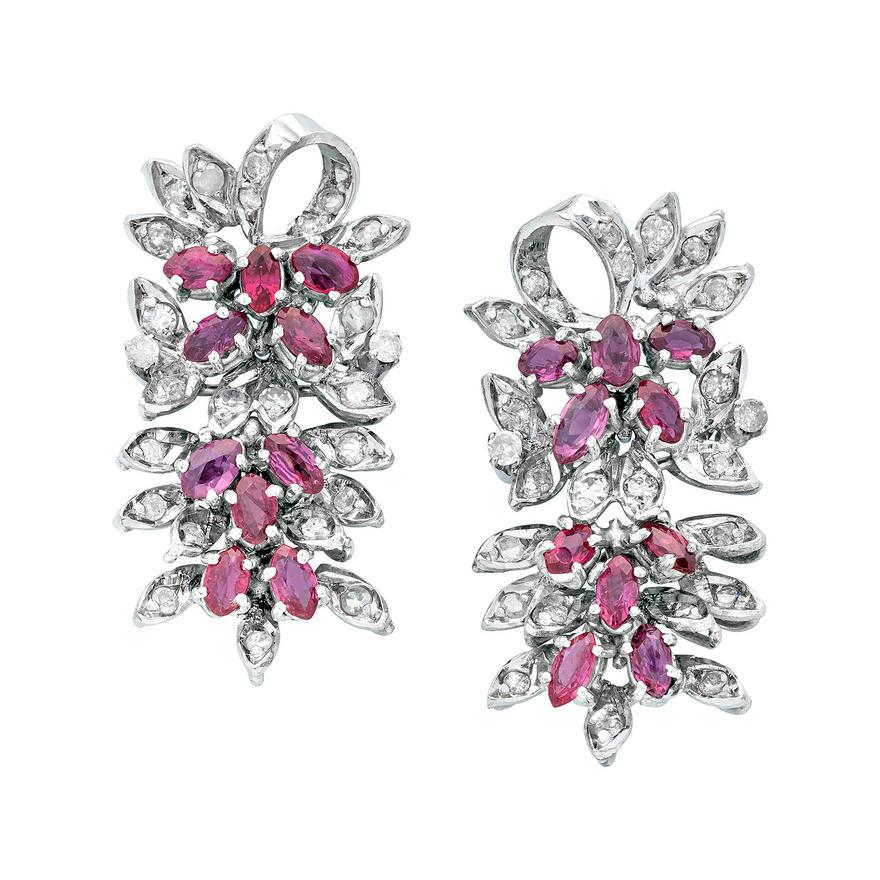 Ruby, Diamond and White Gold Ear Pendants | Dupuis Auctions