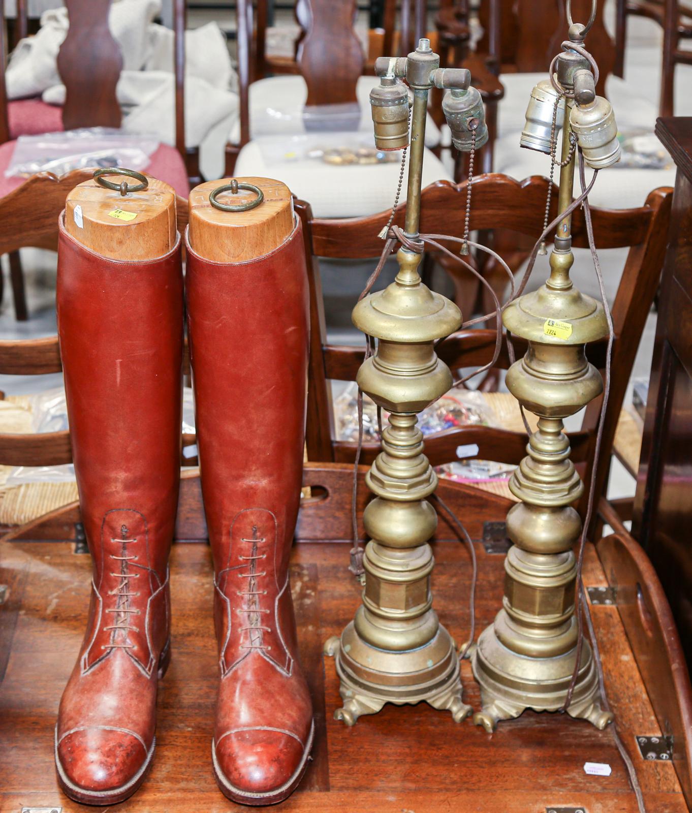 A Pair of Antique Riding Boots & A Pair of Brass Table Lamps