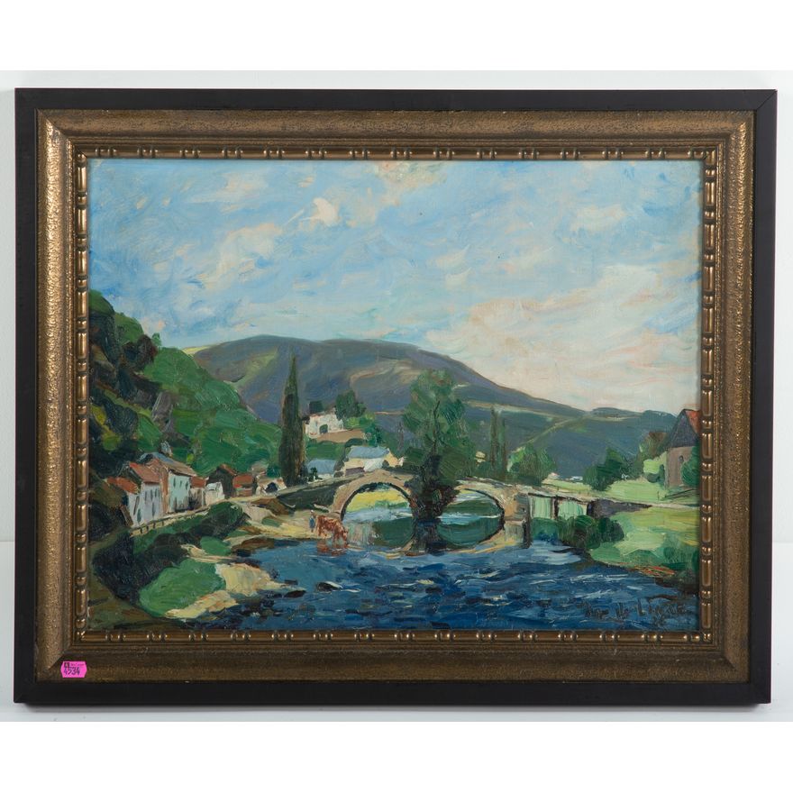 French School, c. 1900. Village with Bridge, oil