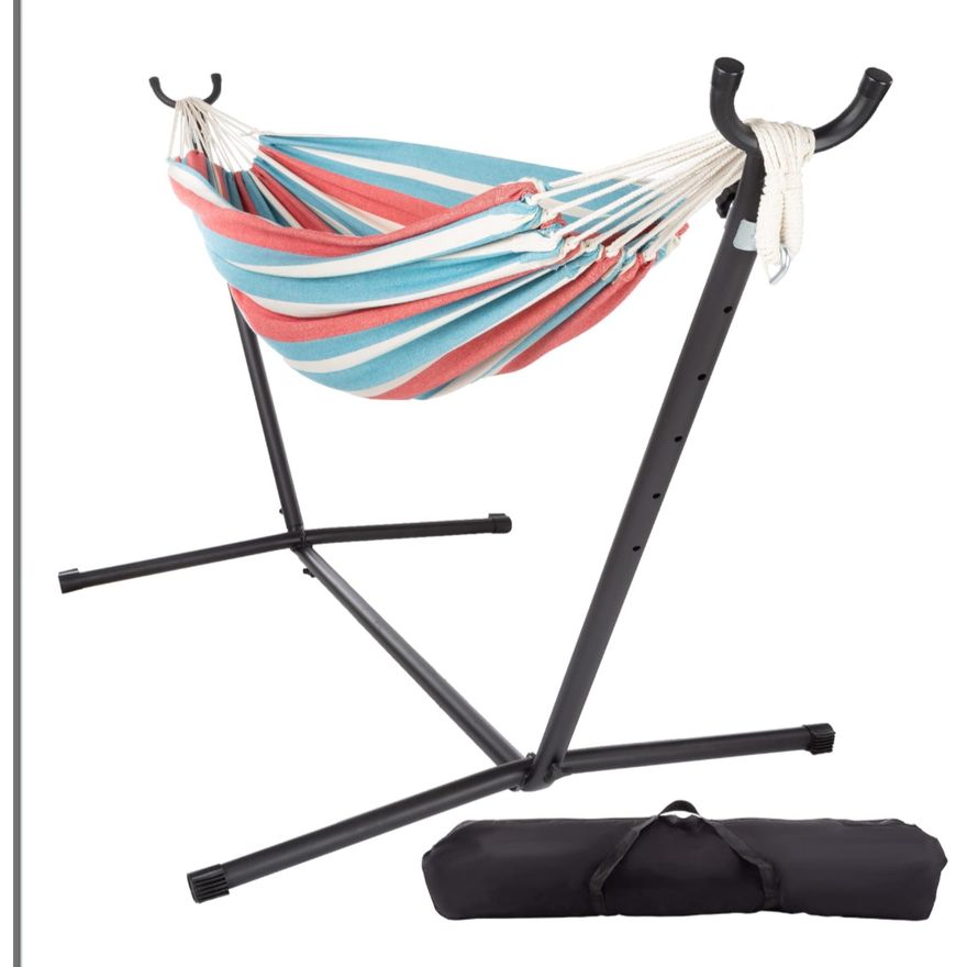 Pure Garden 2-Person Hammock w/ Stand Woven Cotton Swing (450lb Max Weight) Blue/Red Stripes