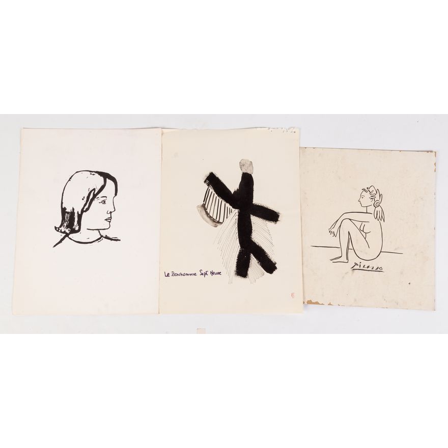 Three Unframed Black Line Drawings