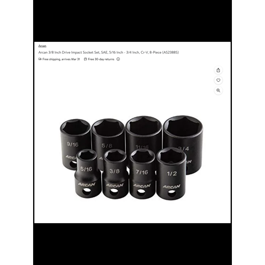Arcan 8pc 3/8'' Drive Standard Impact Socket Set