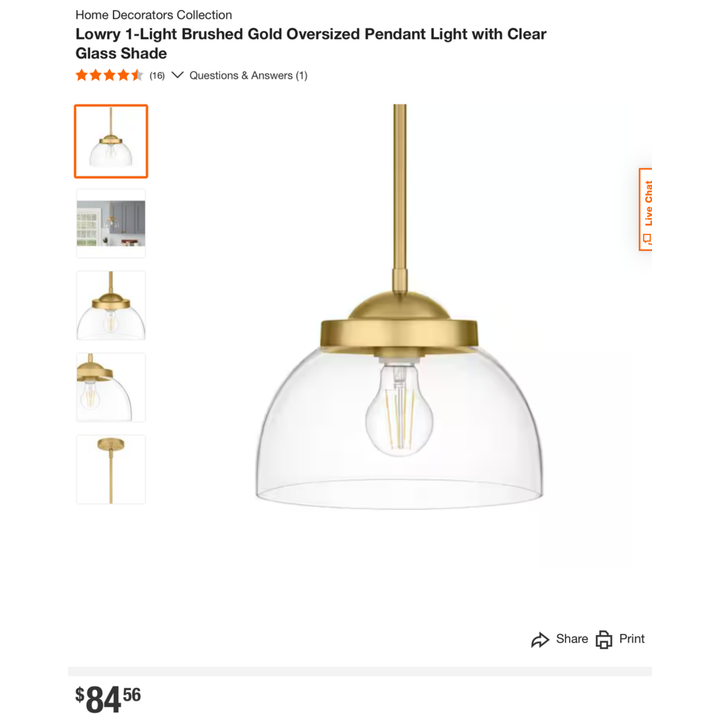 Home Decorators Collection Lowry 1 Light Brushed Gold Oversized Pendant W/Clear Glass Shade 10" x 7-1/2" x 10"