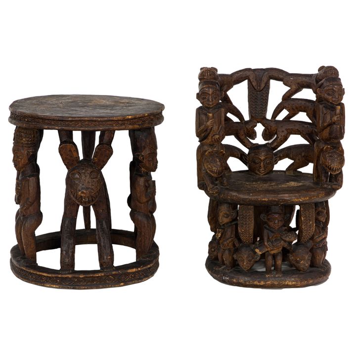 A West Africa Cameroonian carved wood throne chair and throne