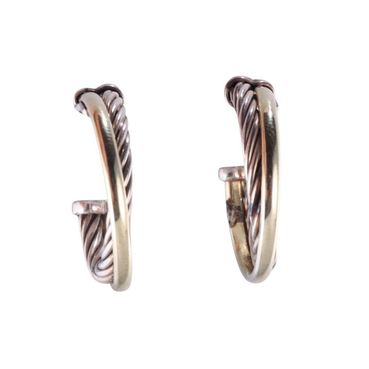 David Yurman Silver Bonded Gold Crossover Cable Hoop Earrings