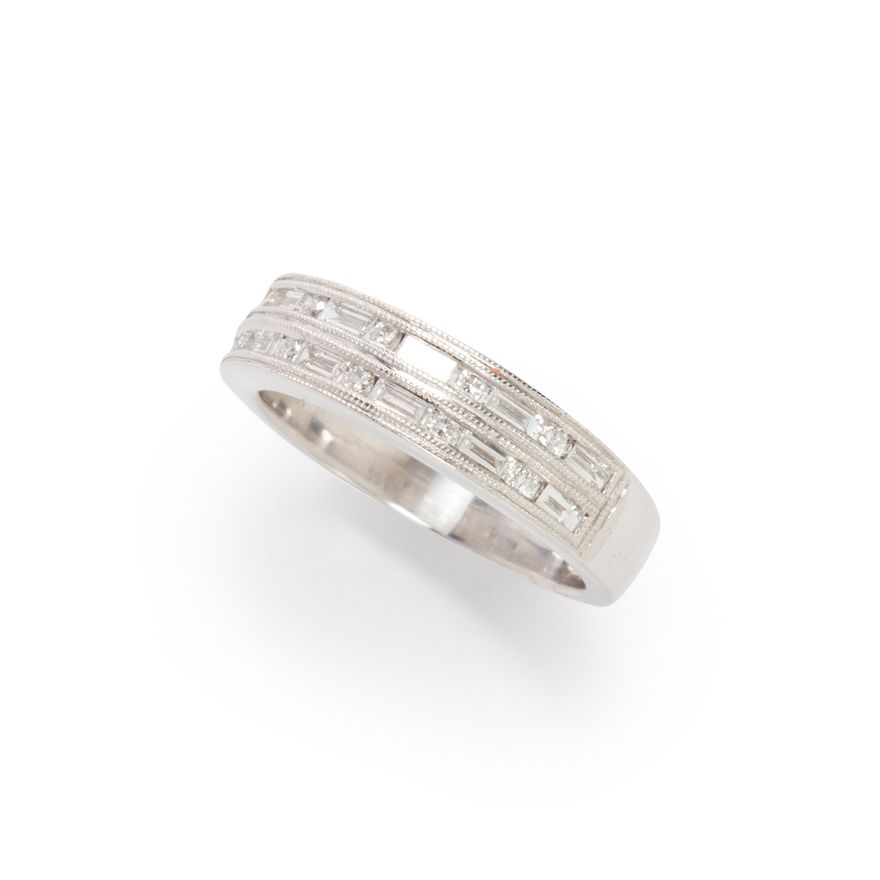 A diamond and eighteen karat white gold ring