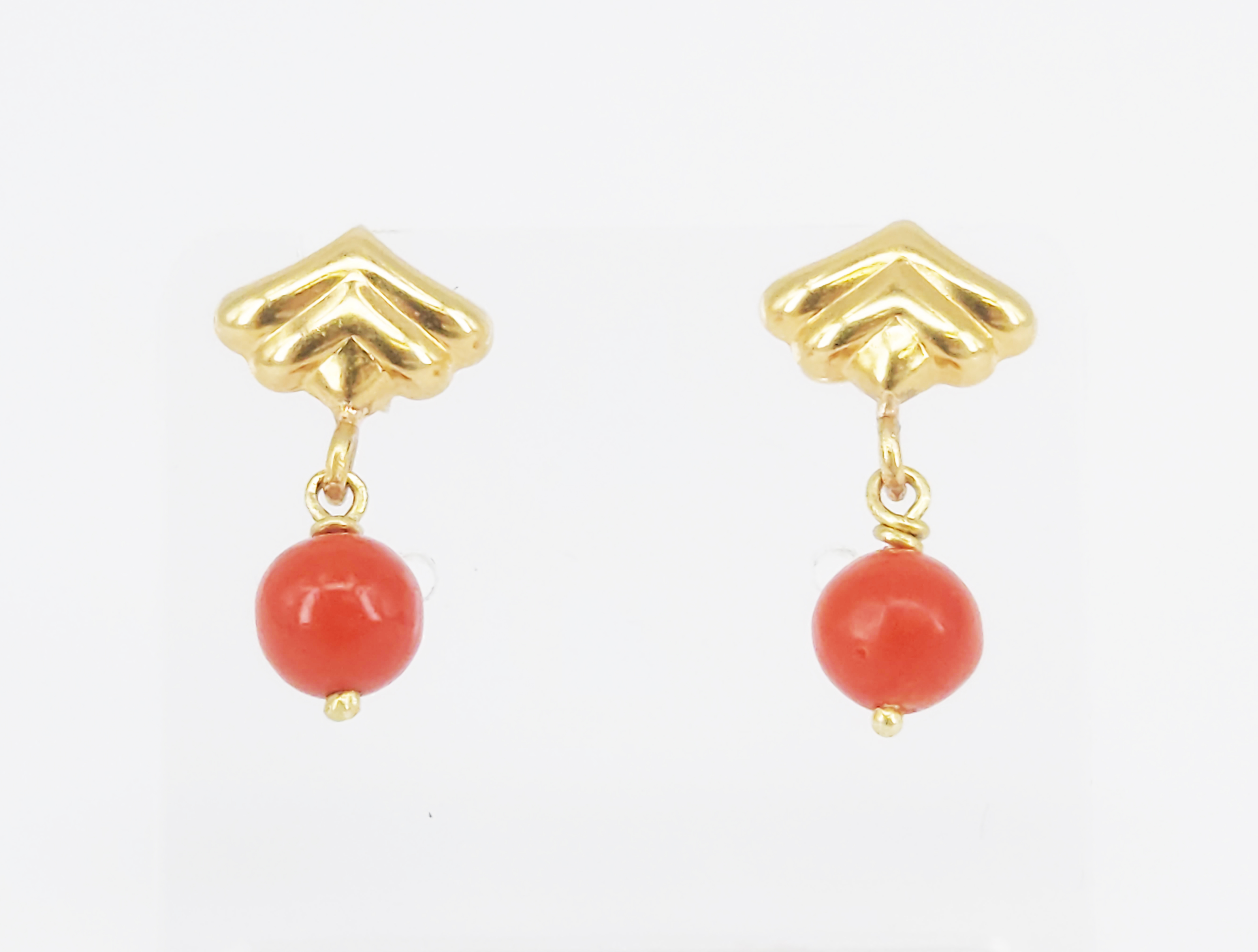 A Pair Of 18ct Yellow Gold And Red Coral Bead Drop Earrings