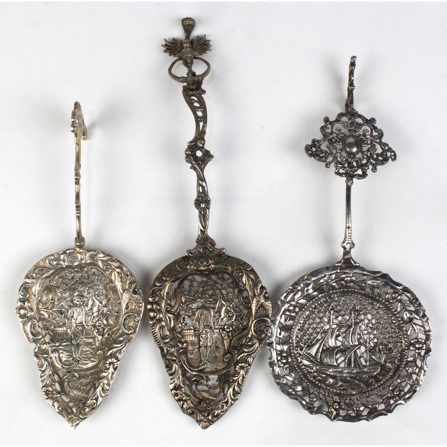 (lot of 3) Sterling pierced tomato servers, each with rocaille and lattice detailing, with nautical and Bavarian hunting motifs