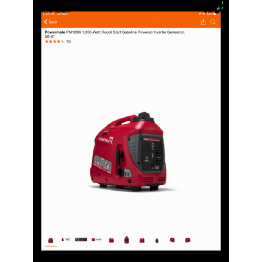 Powermate PMI1200i, Recoil Start Gasoline Powered Inverter Generator 50-ST
