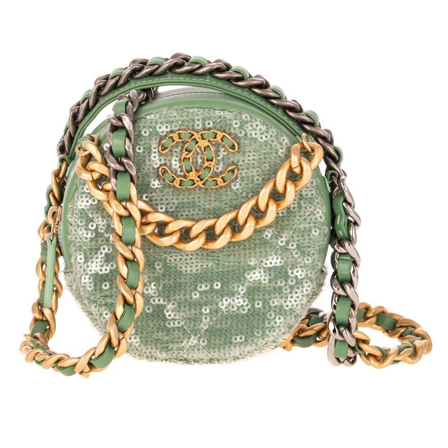 A Chanel Sequin 19 Round Clutch with Chain