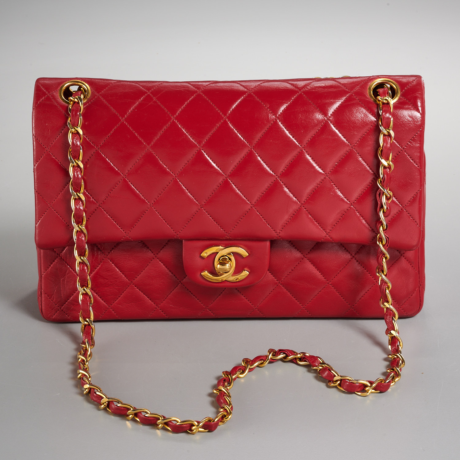Chanel red lambskin medium double flap handbag