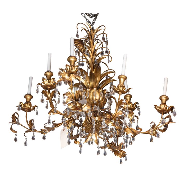 Italian gilt tole leaf eight light chandelier