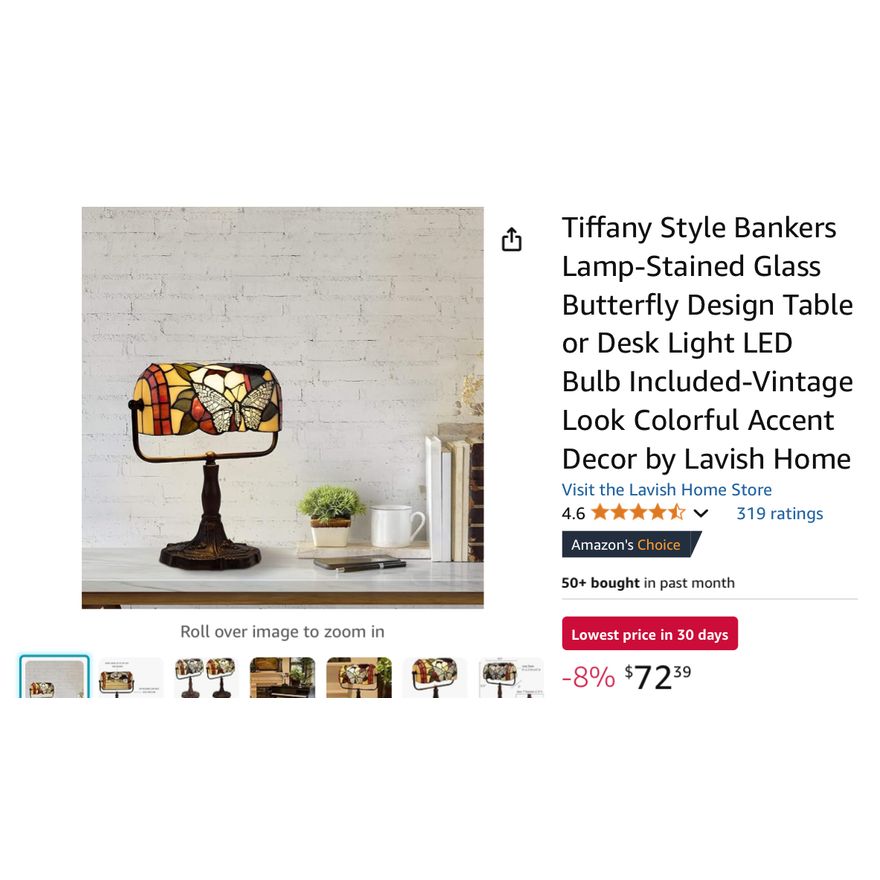 Lavish Home Tiffany Style Bankers Lamp Stained Glass Butterfly Design Lamp- 5'' D x 10.5'' W x 12.5'' H In Box