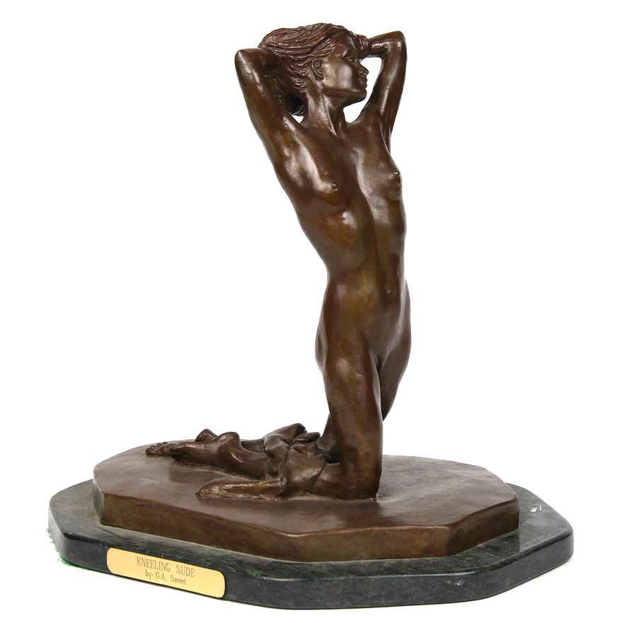 Art Nouveau style patinated bronze figural sculpture, titled "Kneeling Nude", by George A