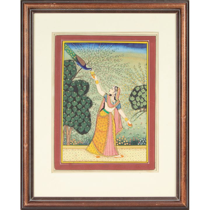 An Indian miniature painting of a Princess feeding a peacock, overall framed 15"h x 12