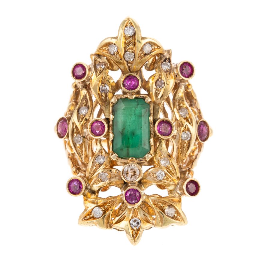 An Ornate Emerald, Ruby & Diamond Ring in 14K
