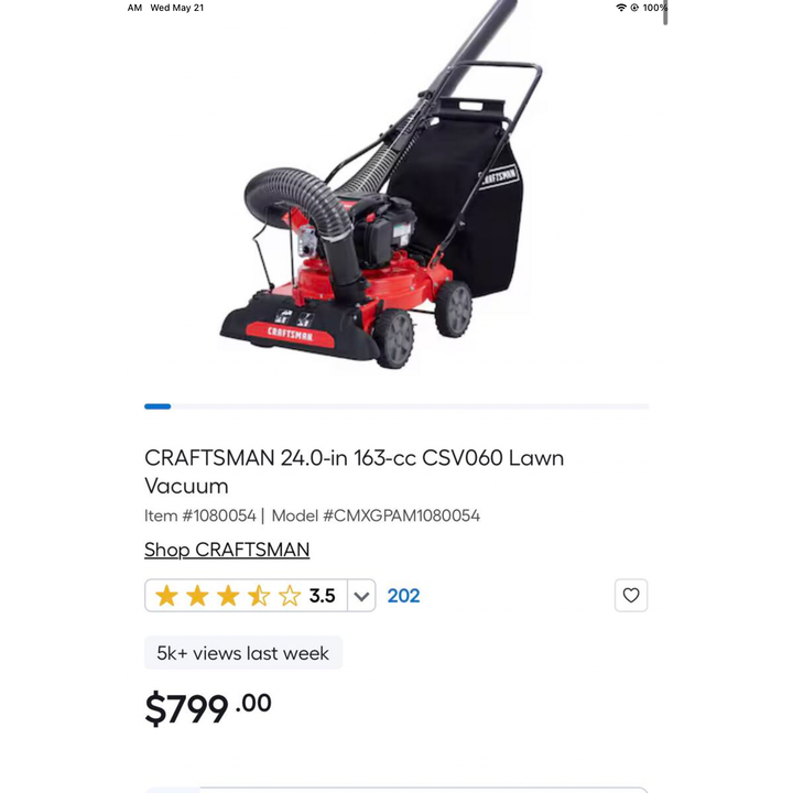 Craftsman 24" Chipper Shredder Lawn Vacuum - Tube Is Cracked - See Pics - In Box (In Back)