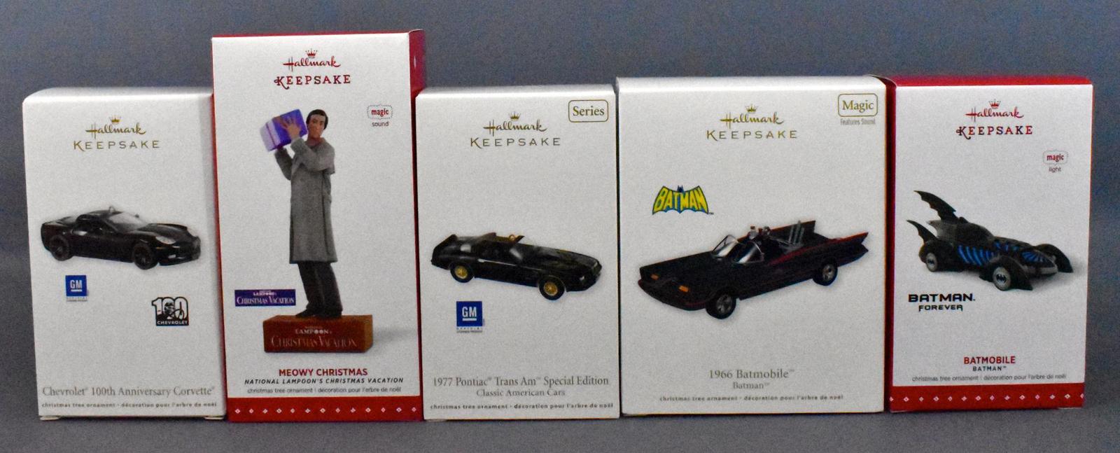 Five mixed Hallmark ornaments MIB Batman Vacation Corvette Trans Am