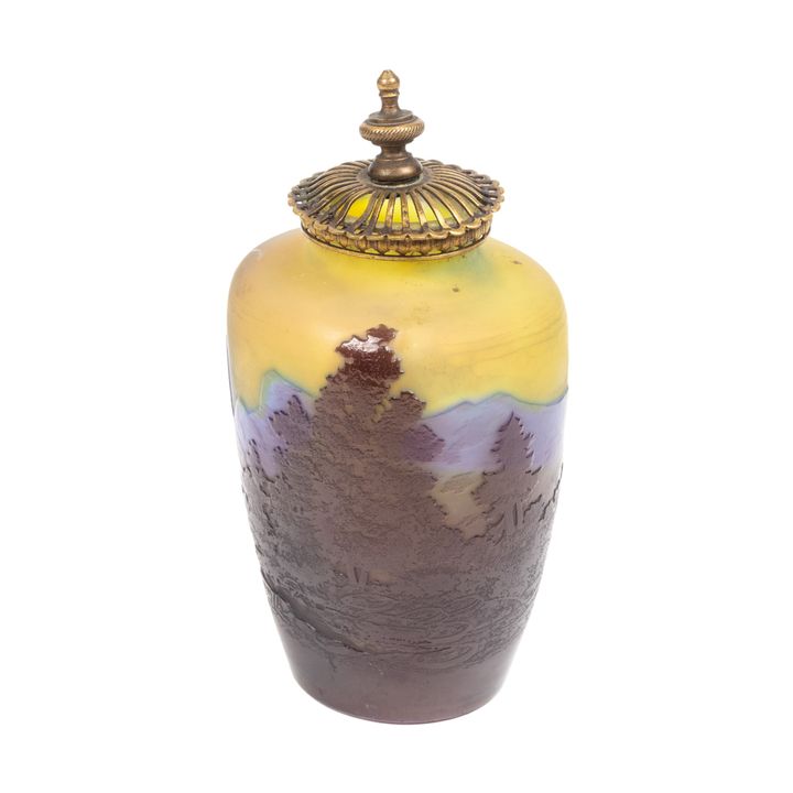 A Galle cameo glass gilt bronze mounted scenic potpourri vase