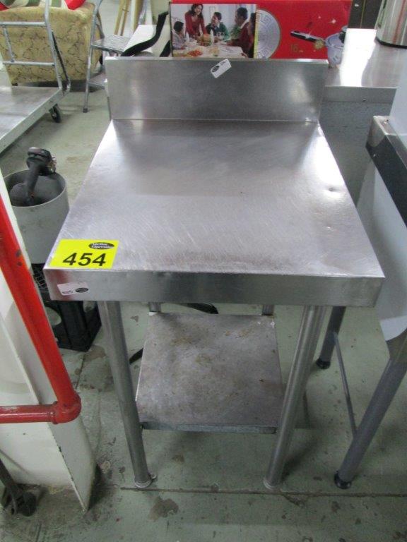 454 - 1 X STAINLESS STEEL SPLASH BACK TABLE .. CONDITION: PLUS 15% VAT ...