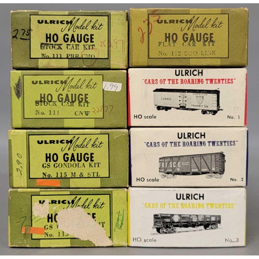 Seven unbuilt Ulrich HO scale freight car craftsman kits plus one